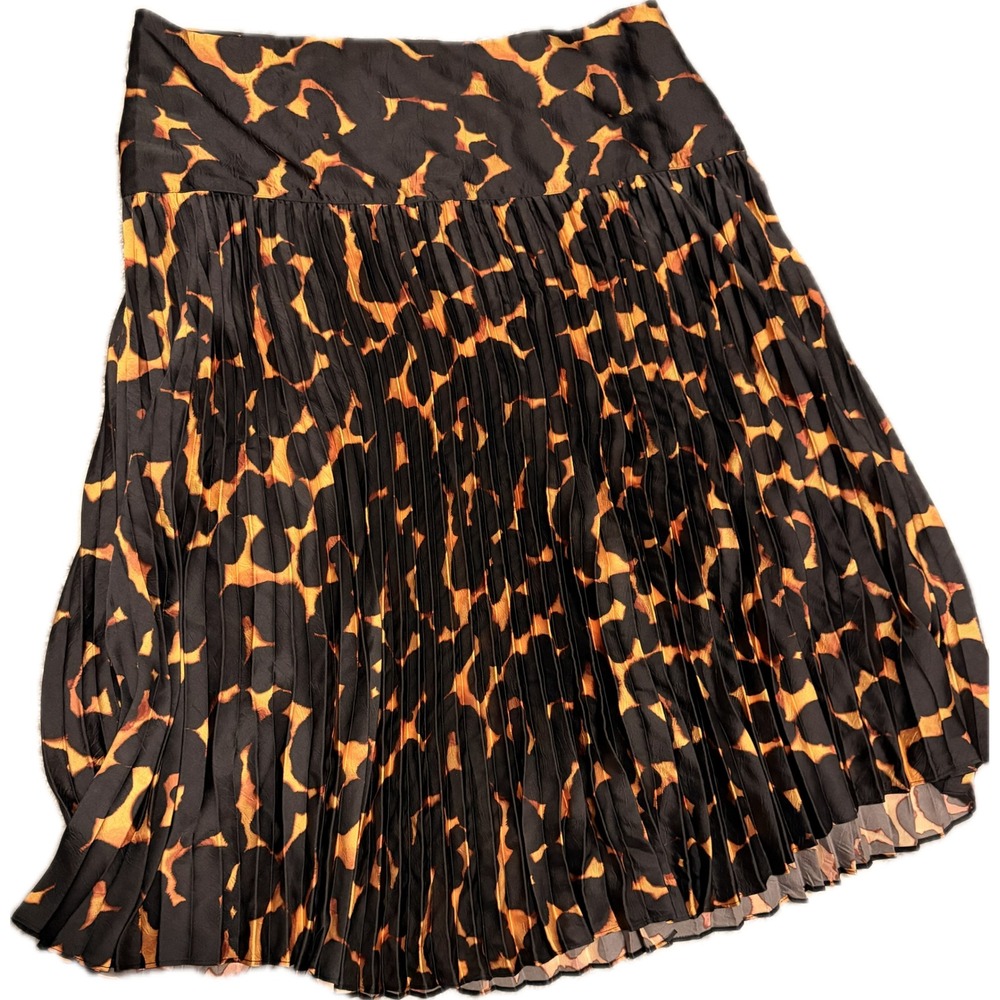 Future Collective Women 2X Pleated Midi Skirt Orange Black Animal Leopard Print